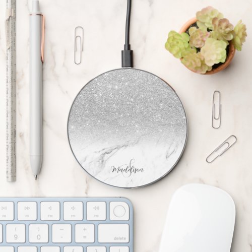 Silver glitter ombre white marble monogram wireless charger 
