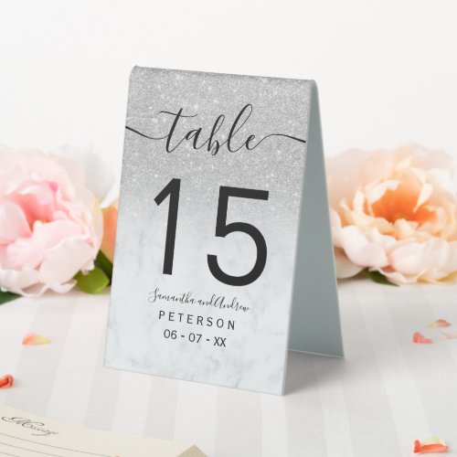 Silver glitter ombre white marble wedding table table tent sign