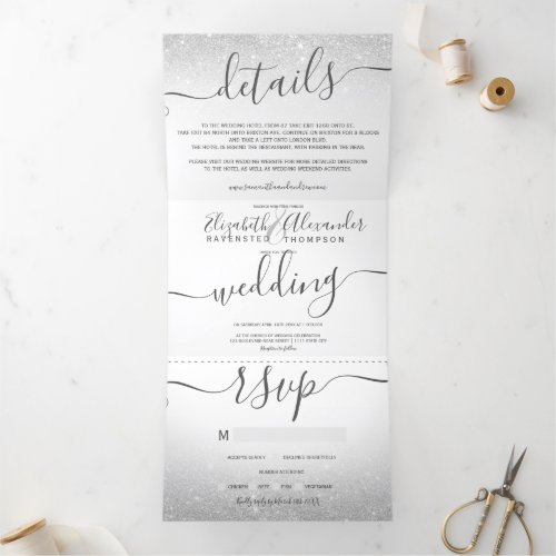 Silver glitter ombre white script chic wedding Tri_Fold invitation