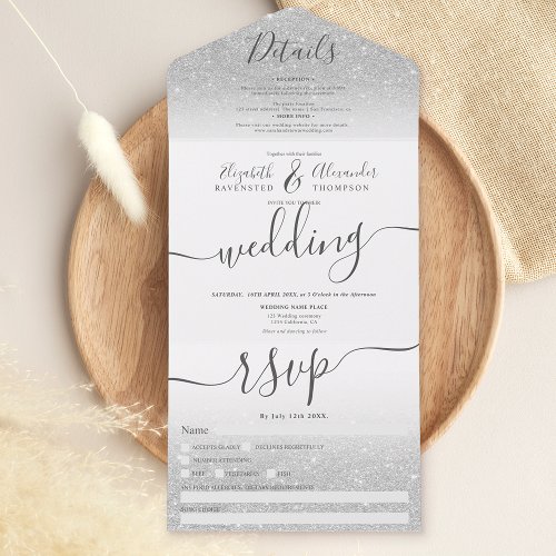 Silver glitter ombre white script wedding all in one invitation