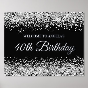 Silver Glitter on Black 40th Birthday Welcome Foil Prints