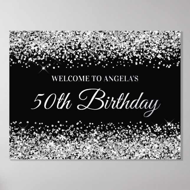 Silver Glitter on Black 50th Birthday Welcome Foil Prints (Front)