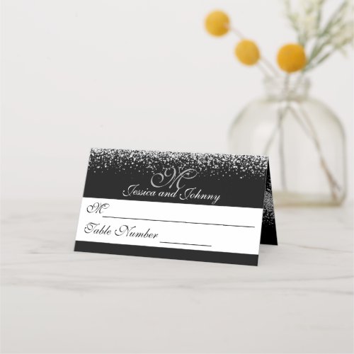 Silver Glitter on Black Wedding Place Card