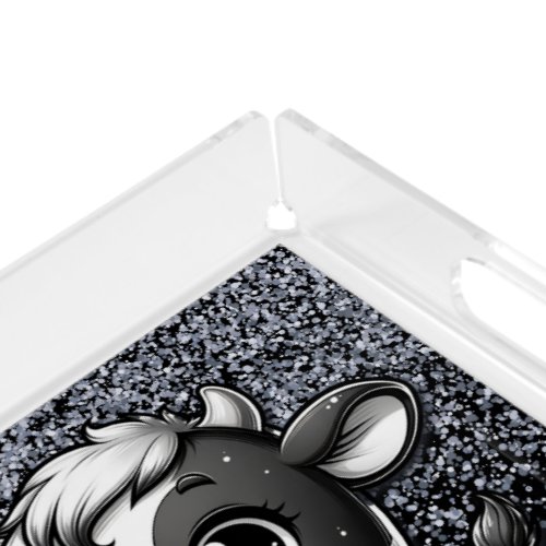 Silver Glitter on Black with a Cow  Acrylic Tray