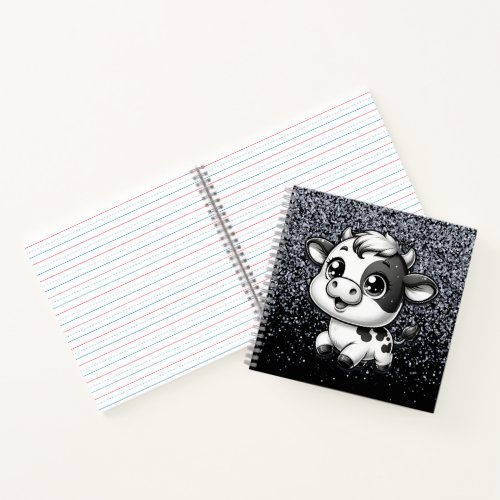 Silver Glitter on Black with a Cow  Notebook