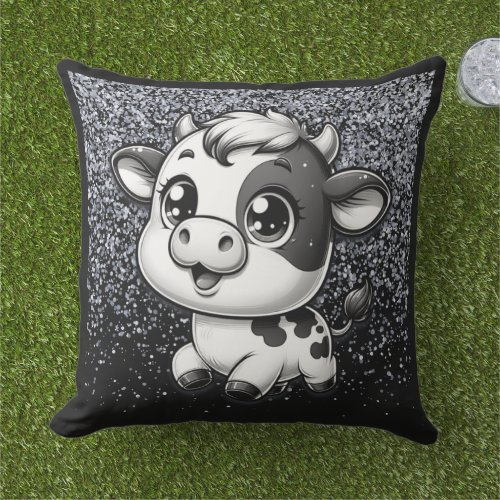 Silver Glitter on Black with a Cow  Outdoor Pillow
