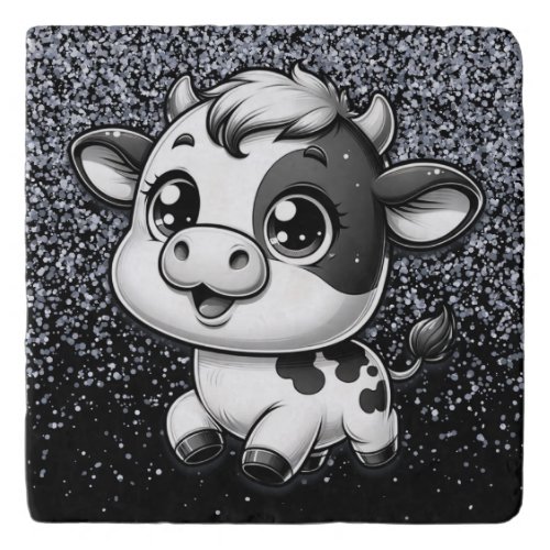 Silver Glitter on Black with a Cow  Trivet