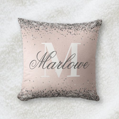Silver Glitter on Blush Pink Monogram Throw Pillow