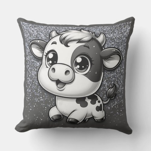 Silver Glitter on Charcoal with a Cow  Outdoor Pillow