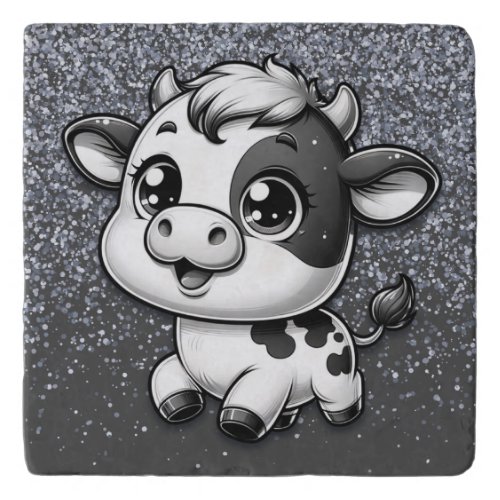 Silver Glitter on Charcoal with a Cow  Trivet
