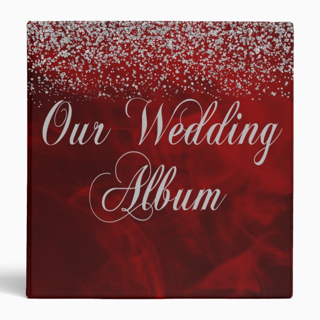 Silver Glitter on Red Wedding Photo Album 3 Ring Binder (Front)