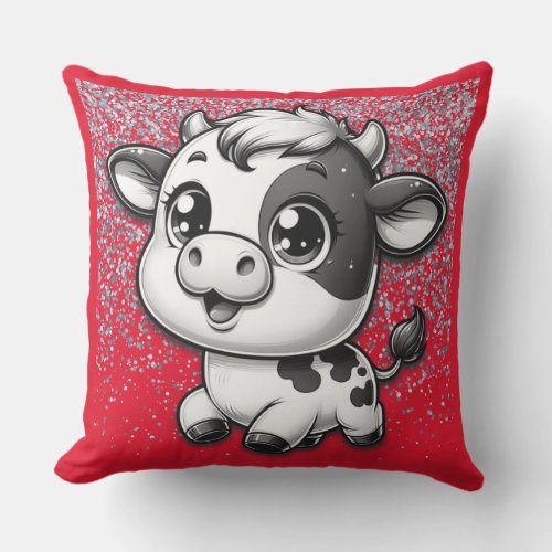 Silver Glitter on Red with a Cow  Outdoor Pillow
