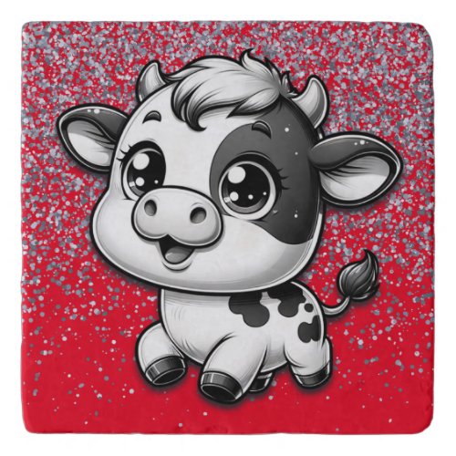 Silver Glitter on Red with a Cow  Trivet