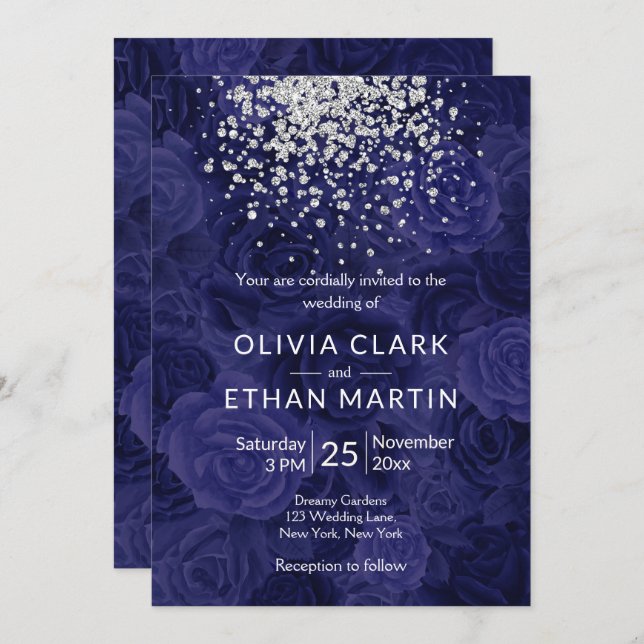 Silver Glitter on Royal Blue Roses Invitation (Front/Back)