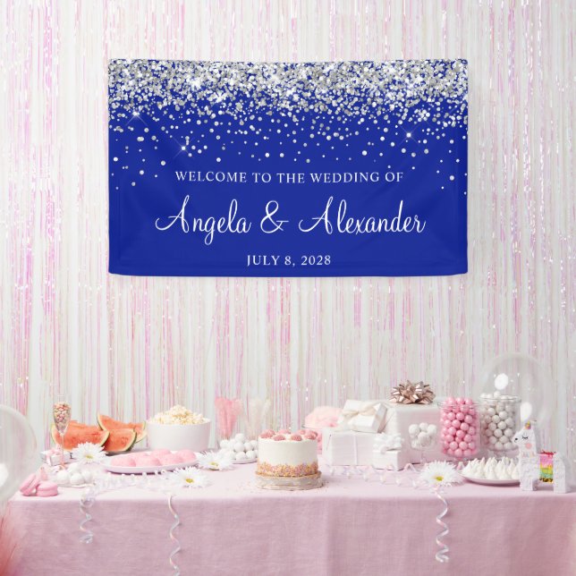 Silver Glitter on Royal Blue Wedding Welcome Banner (Party)