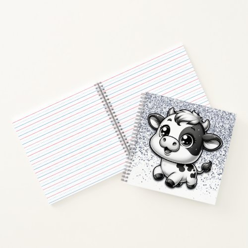 Silver Glitter on White with a Cow  Notebook