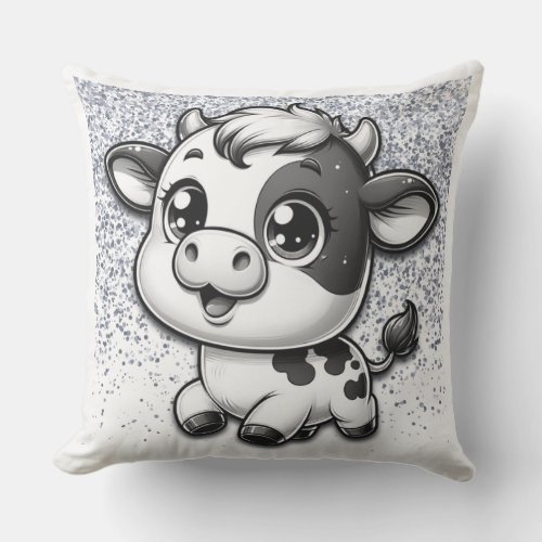 Silver Glitter on White with a Cow  Outdoor Pillow