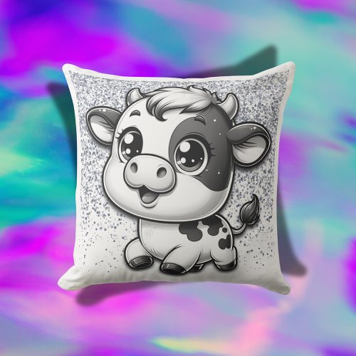 Silver Glitter on White with a Cow  Outdoor Pillow