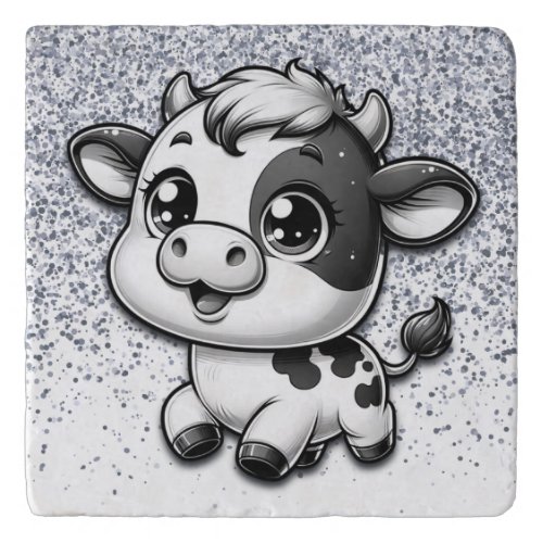 Silver Glitter on White with a Cow  Trivet
