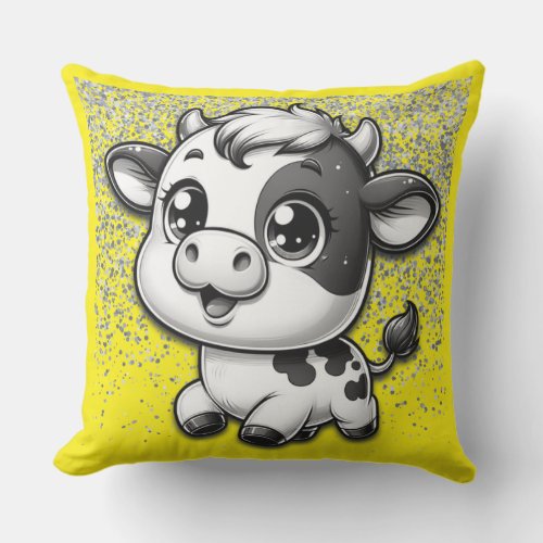 Silver Glitter on Yellow with a Cow  Outdoor Pillow