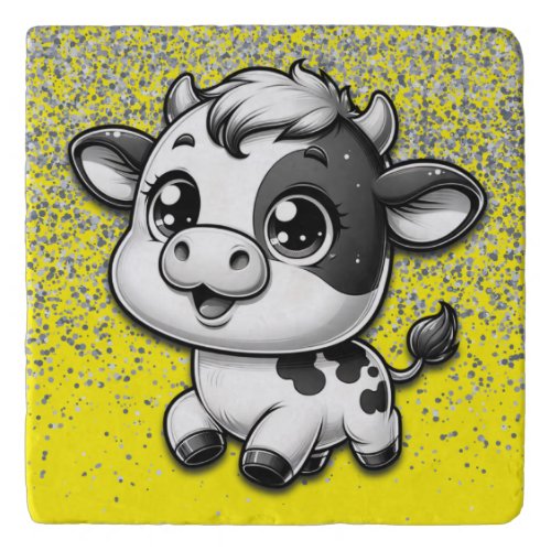 Silver Glitter on Yellow with a Cow  Trivet