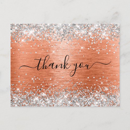 Silver Glitter Orange Coral Foil Thank You Postcard