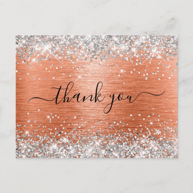 Silver Glitter Orange Coral Foil Thank You Postcard (Front)