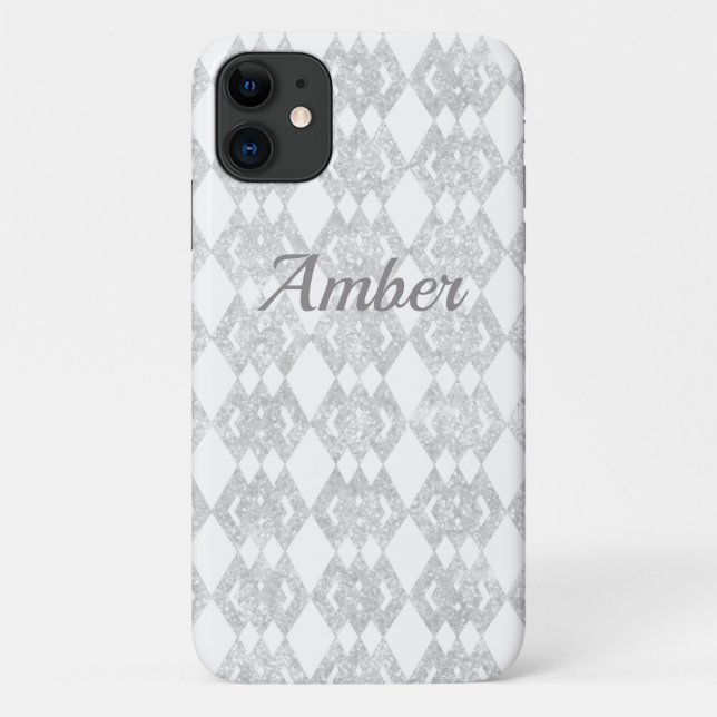 Silver Glitter Overlap Diamond Pattern Personalize Case-Mate iPhone Case (Back)