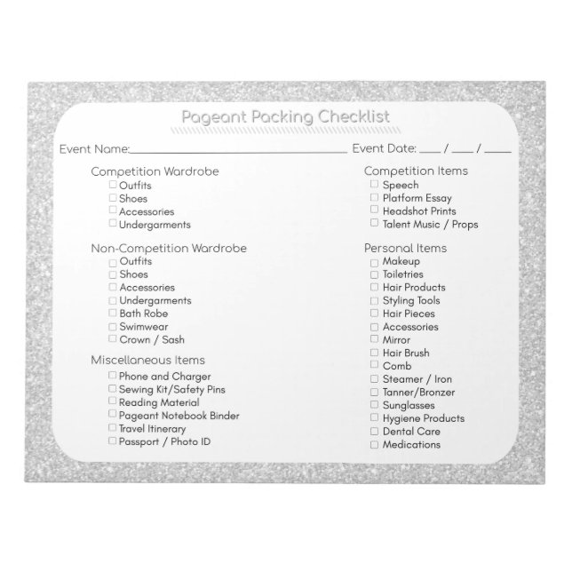 Silver Glitter Pageant Packing Checklist Notepad (Front)