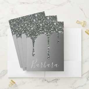 Silver Glitter Paint Drip Pocket Folder