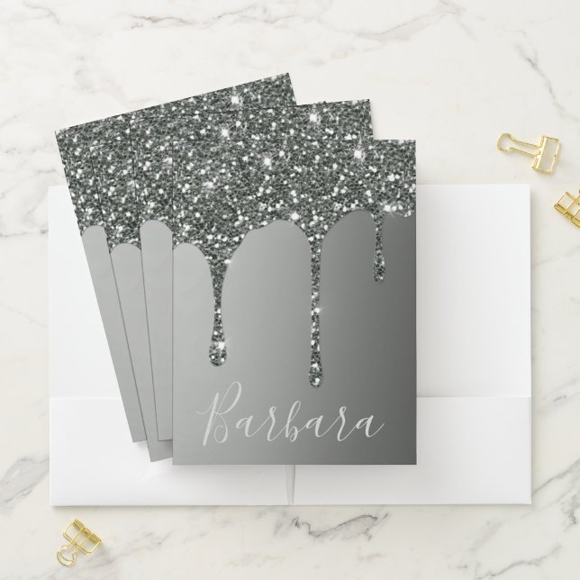 Silver Glitter Paint Drip Pocket Folder (In Situ)