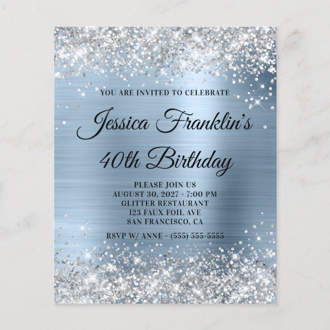 Silver Glitter Pale Blue 40th Bday Budget Invite (Front)