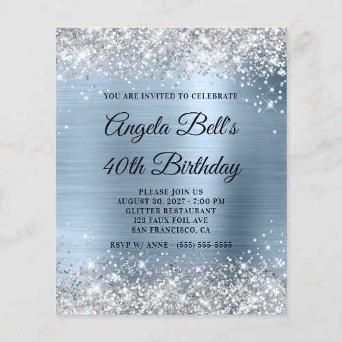 Silver Glitter Pale Blue 40th Birthday Invite Flyer