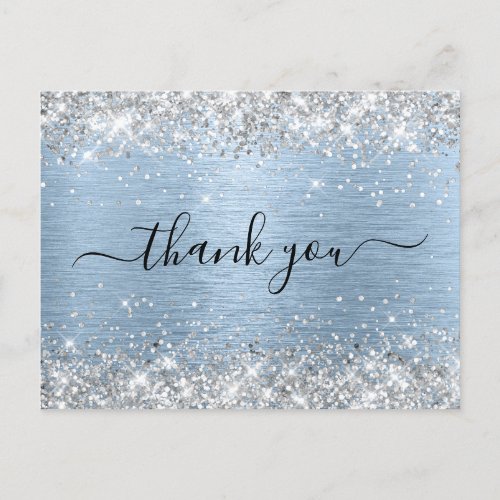 Silver Glitter Pale Blue Birthday Thank You Postcard