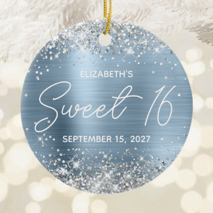 Silver Glitter Pale Blue Fancy Sweet 16 Photo Ceramic Ornament