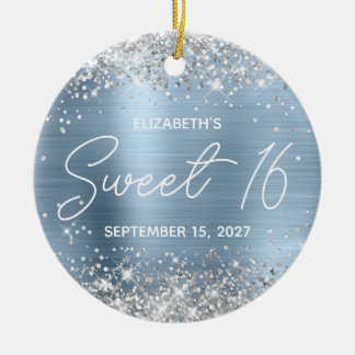 Silver Glitter Pale Blue Fancy Sweet 16 Photo Ceramic Ornament