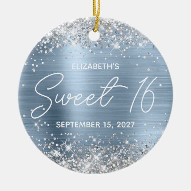 Silver Glitter Pale Blue Fancy Sweet 16 Photo Ceramic Ornament (Front)