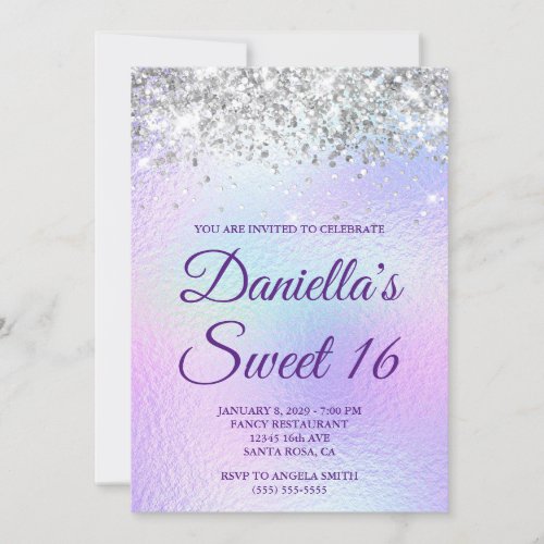 Silver Glitter Pale Iridescent Foil Sweet 16 Invitation
