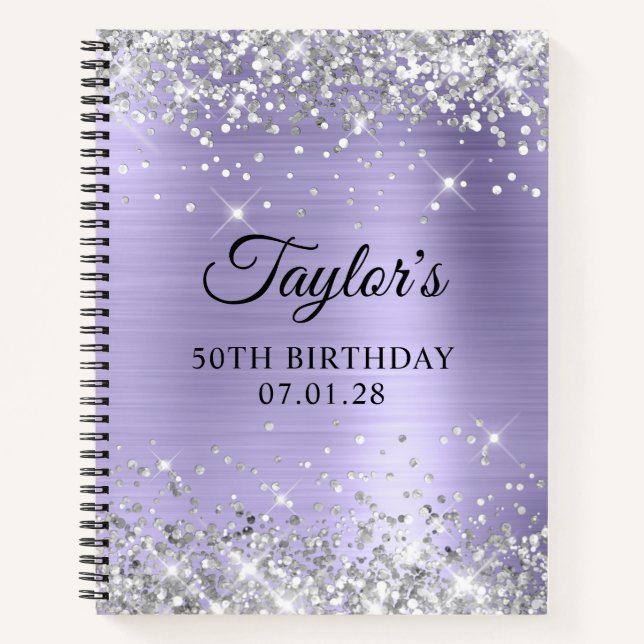 Silver Glitter Pale Lavender 50th Birthday Guest Notebook (Front)