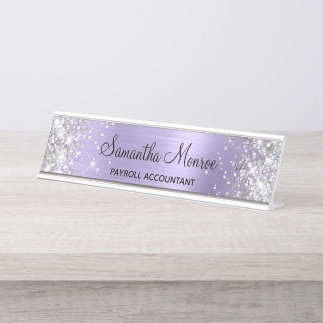 Silver Glitter Pale Lavender Foil Desk Name Plate (Front)