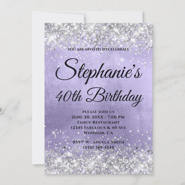 Silver Glitter Pale Lavender Foil Fancy Monogram Invitation (Front)