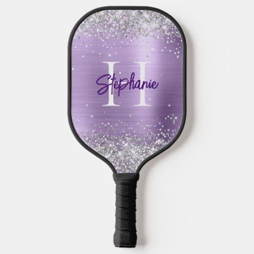 Silver Glitter Pale Lavender Foil Monogrammed Pickleball Paddle