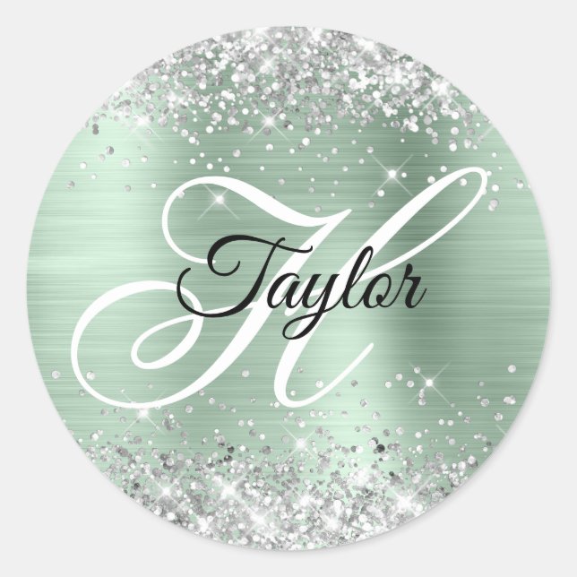 Silver Glitter Pale Mint Foil Fancy Monogram Classic Round Sticker (Front)