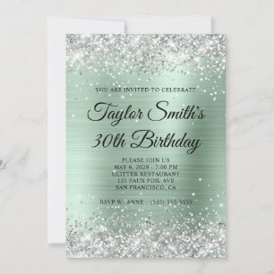 Silver Glitter Pale Mint Monogram 30th Birthday Invitation