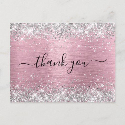 Silver Glitter Pale Pink Birthday Thank You Postcard