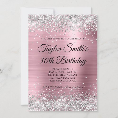 Silver Glitter Pale Pink Monogram 30th Birthday Invitation