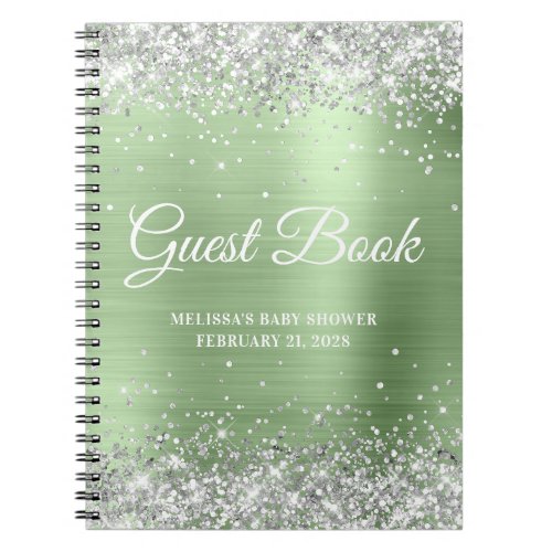 Silver Glitter Pale Tea Green Baby Shower Guest Notebook
