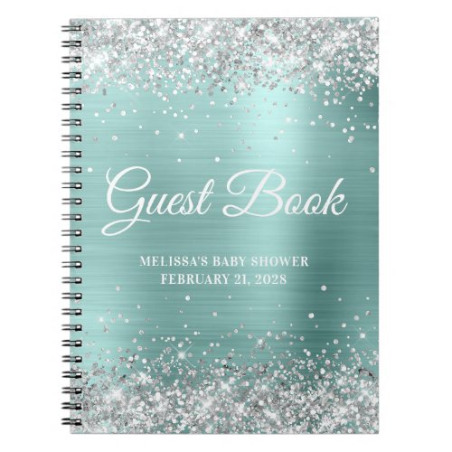 Silver Glitter Pale Turquoise Baby Shower Guest Notebook
