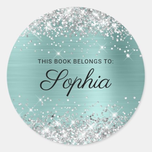 Silver Glitter Pale Turquoise Calligraphy Book Classic Round Sticker