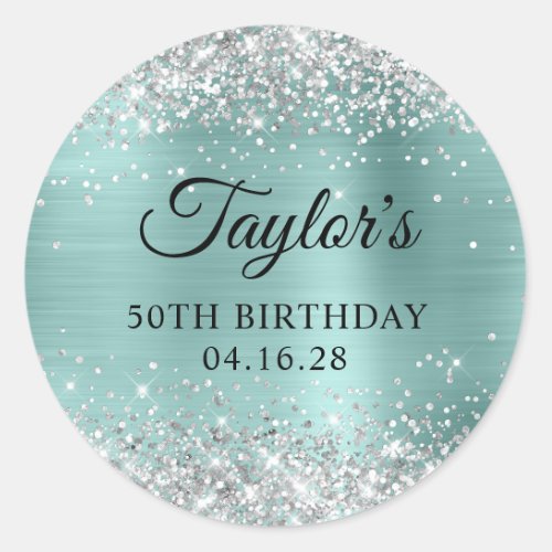 Silver Glitter Pale Turquoise Foil 50th Birthday Classic Round Sticker